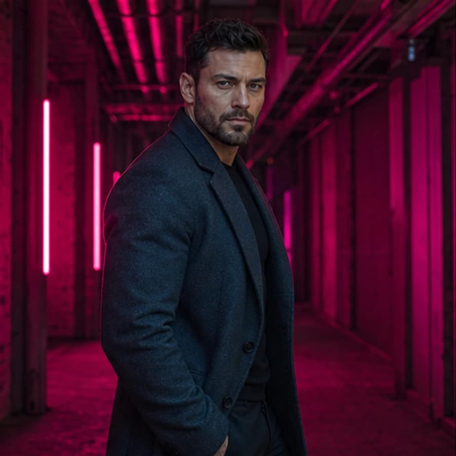 Alexei Volkov in a cinematic neon editorial, photograph 2