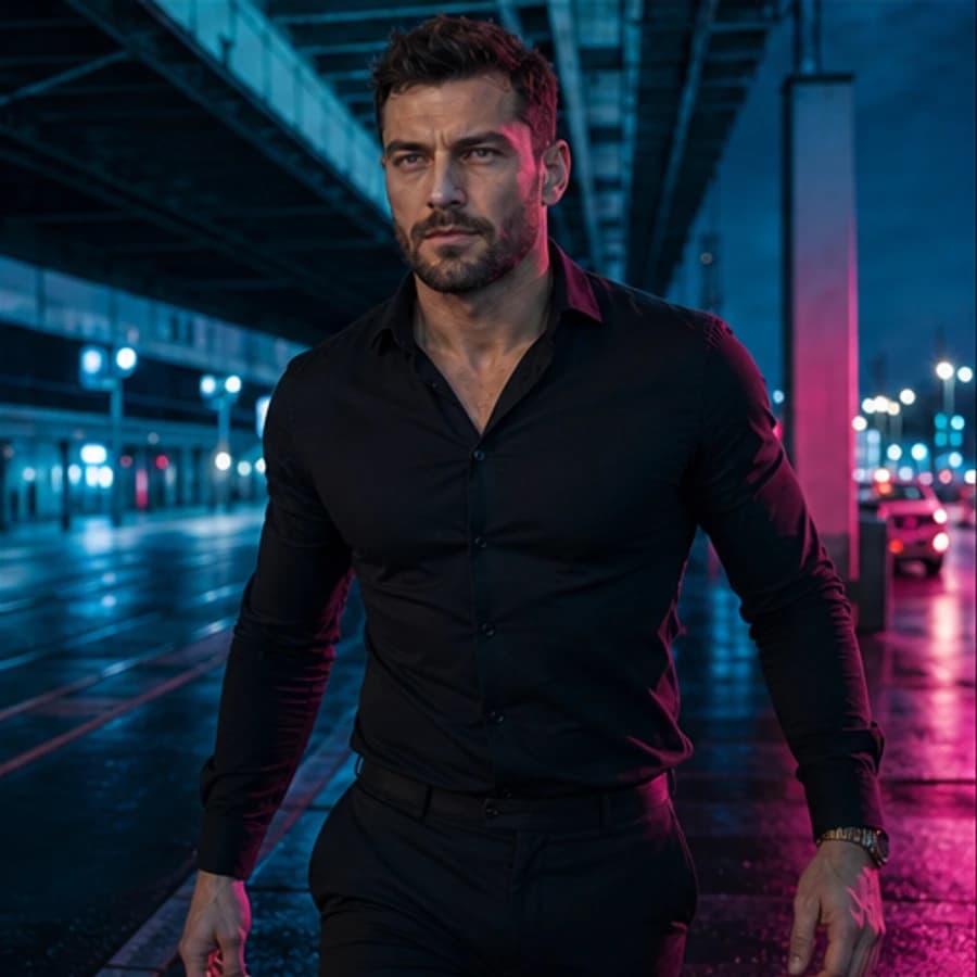 Alexei Volkov in a cinematic neon editorial, photograph 5