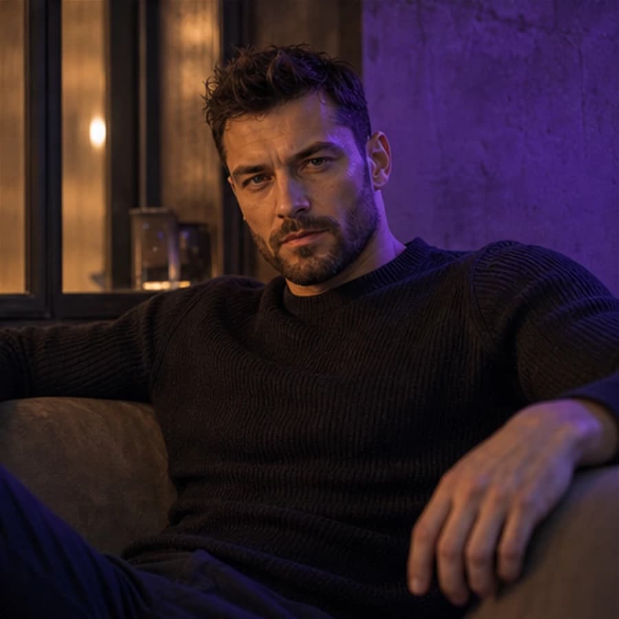 Alexei Volkov in a cinematic neon editorial, photograph 6