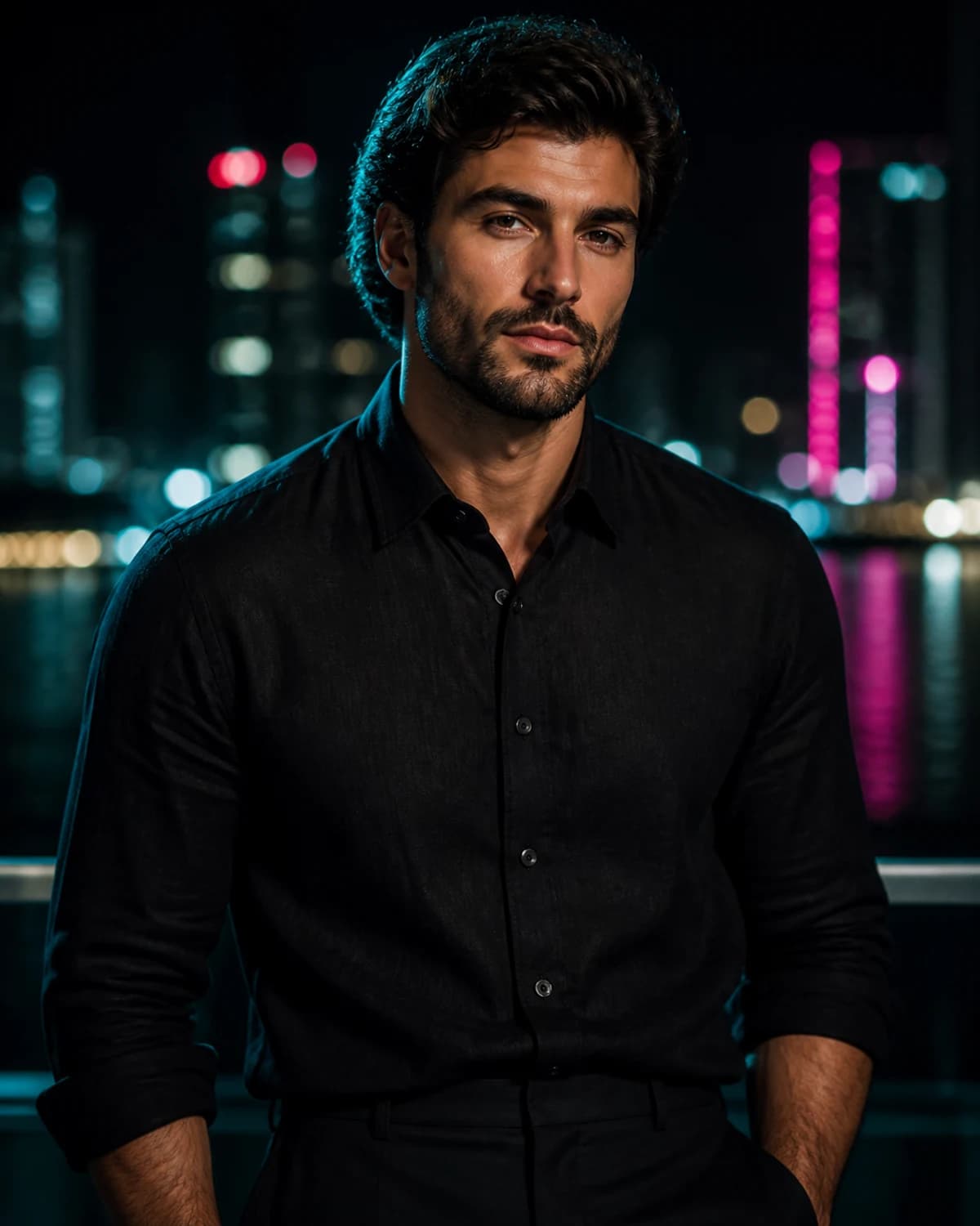 Damon Brooks in a cinematic neon editorial, photograph 1