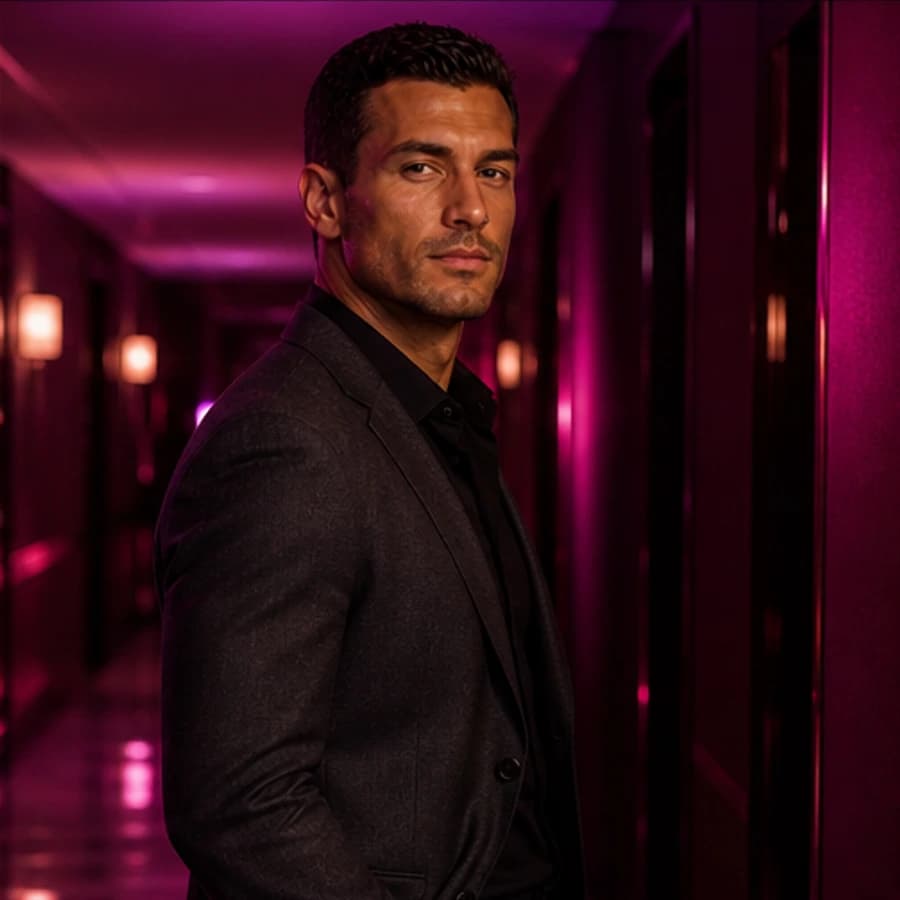 Jason Knight in a cinematic neon editorial, photograph 2