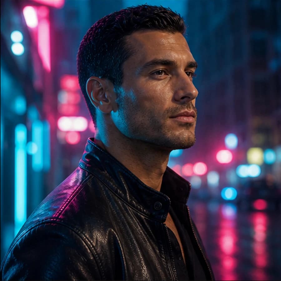 Jason Knight in a cinematic neon editorial, photograph 4