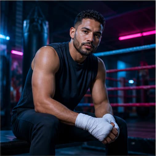 Julian Reyes in a cinematic neon editorial, photograph 1