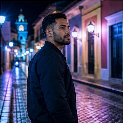 Julian Reyes in a cinematic neon editorial, photograph 2