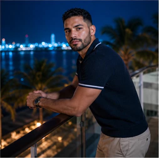 Julian Reyes in a cinematic neon editorial, photograph 4