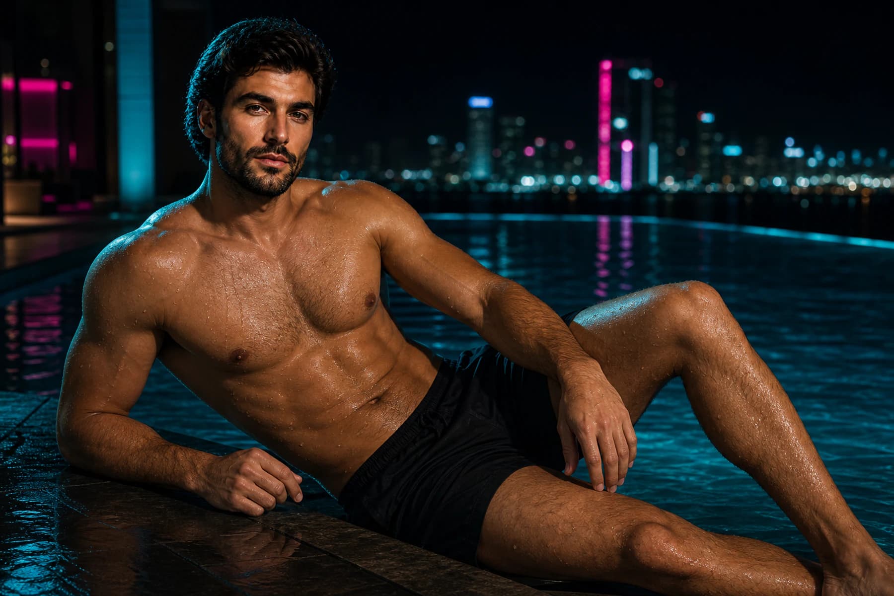 Luca Moretti in a cinematic neon editorial, photograph 2