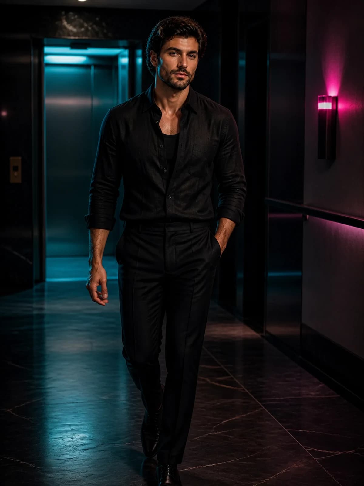 Luca Moretti in a cinematic neon editorial, photograph 4