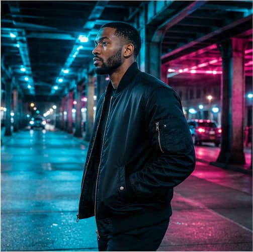 Malik Hayes in a cinematic neon editorial, photograph 2