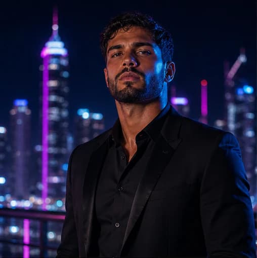 Marco Santos in a cinematic neon editorial, photograph 1
