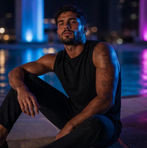 Marco Santos in a cinematic neon editorial, photograph 6