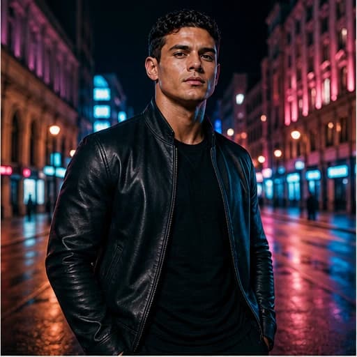 Mateo Cruz in a cinematic neon editorial, photograph 2