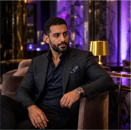 Omar Haddad in a cinematic neon editorial, photograph 1