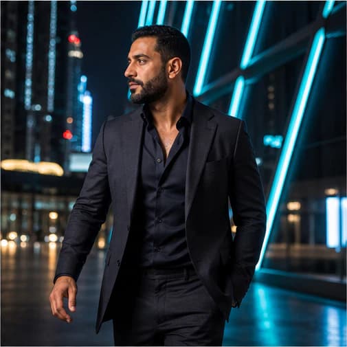 Omar Haddad in a cinematic neon editorial, photograph 2