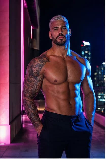 Rico Alvarez in a cinematic neon editorial, photograph 1
