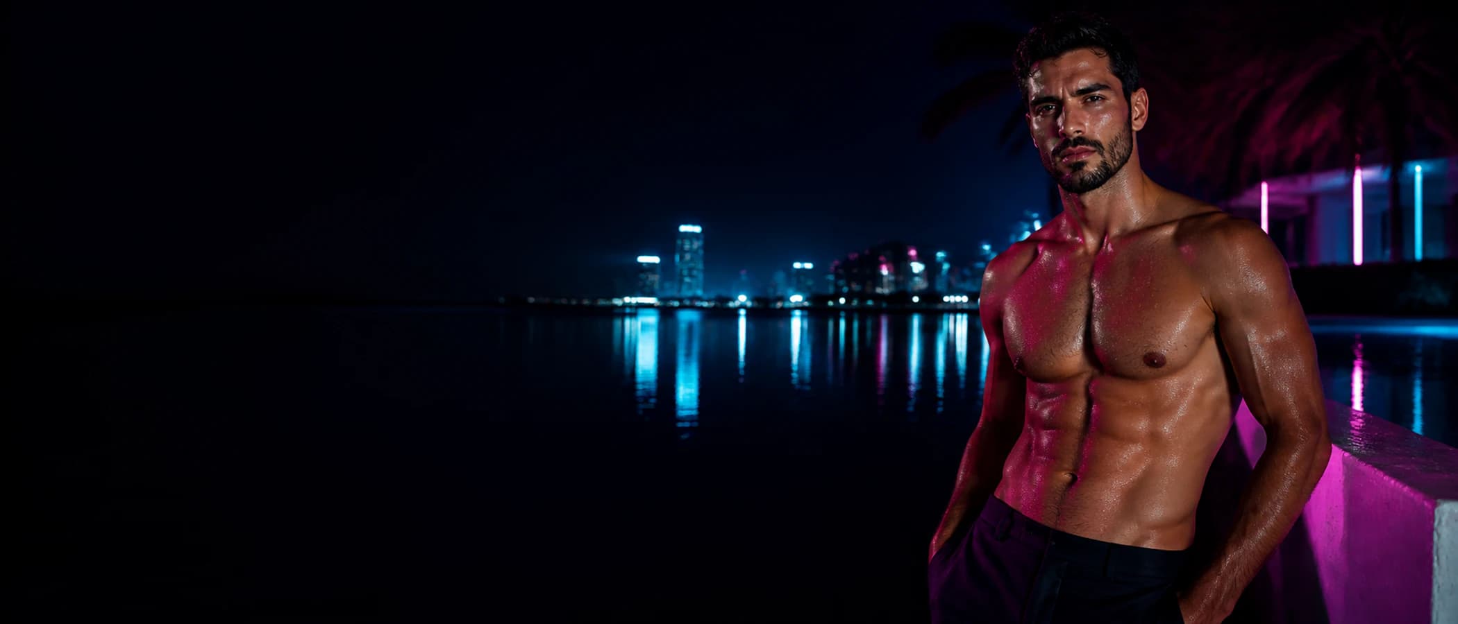 A fictional adult male overlooking a neon waterfront at night
