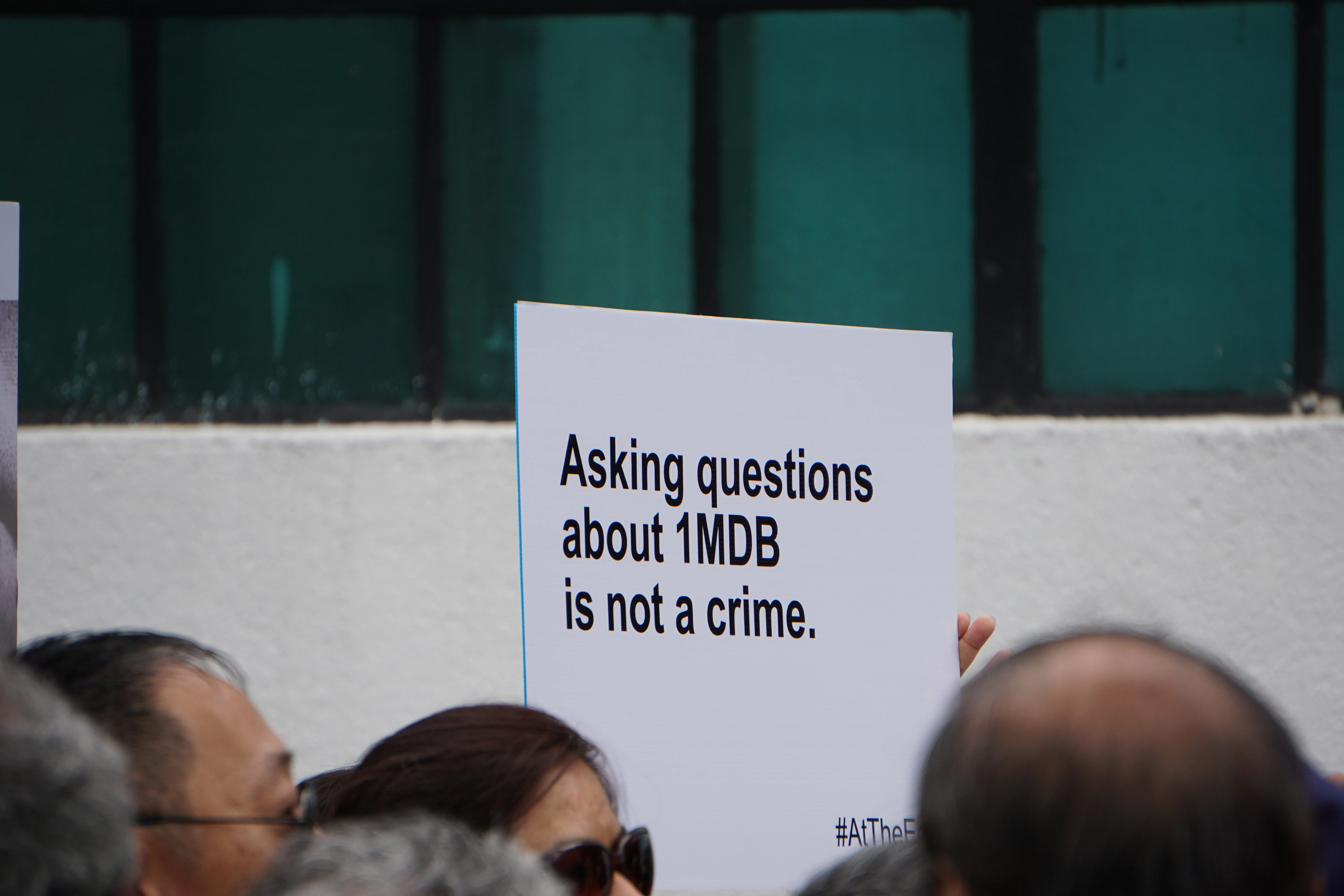 A placard about 1MDB at a Malaysian journalists' press-freedom protest, August 2015.