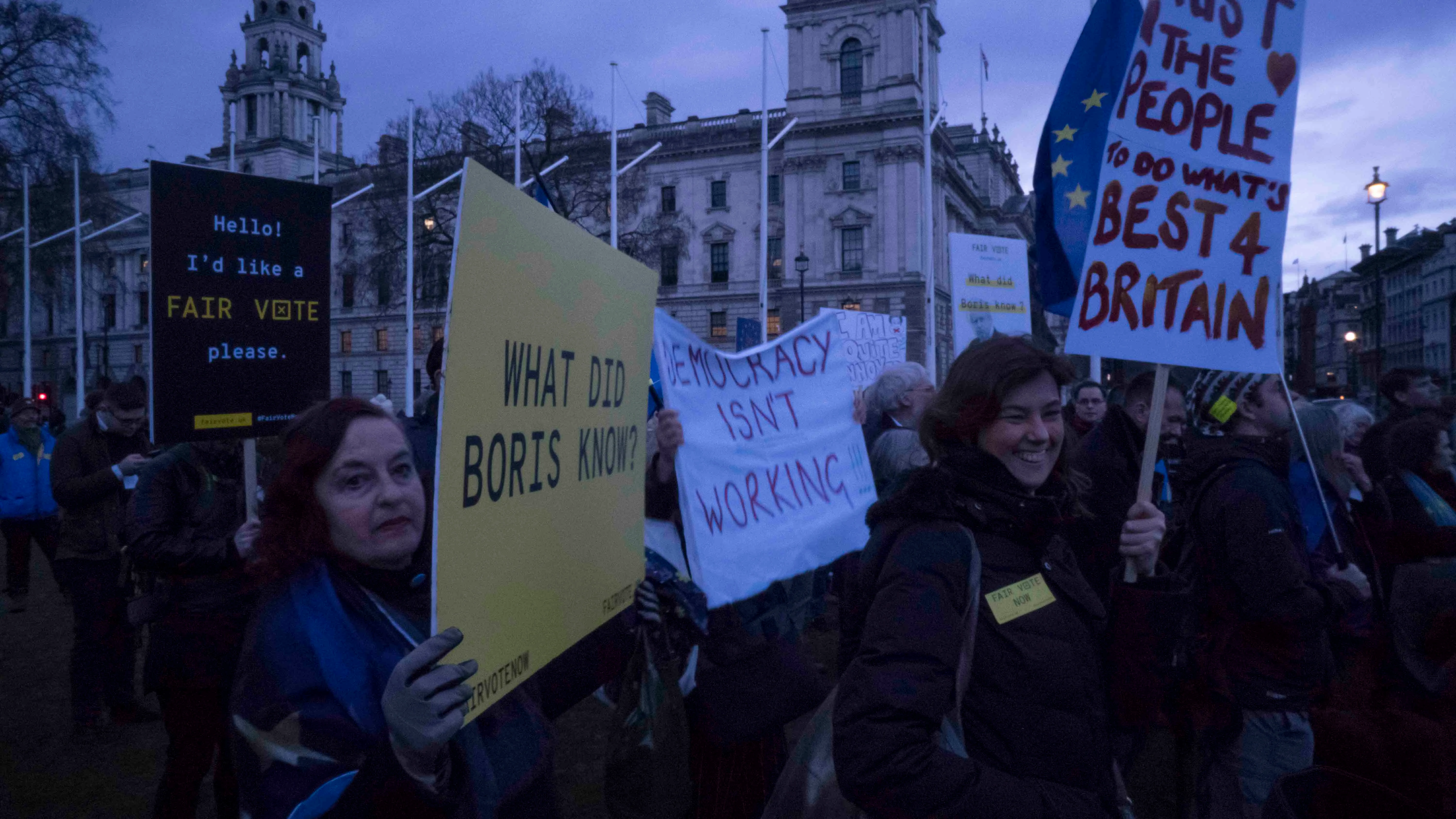 Protesters in Parliament Square following the Cambridge Analytica data scandal, March 2018.