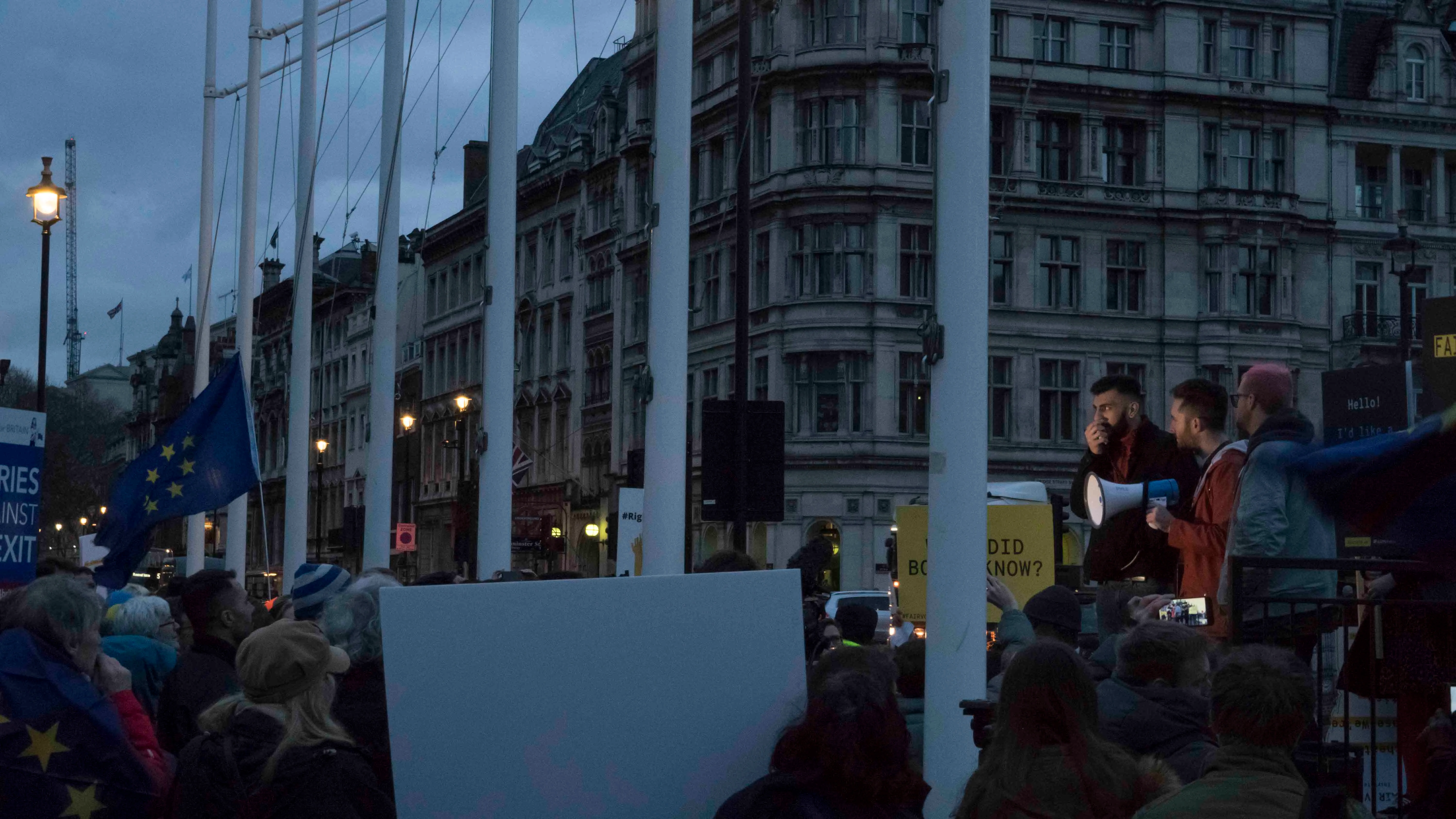 Speakers at the Parliament Square protest following the Cambridge Analytica data scandal, March 2018.