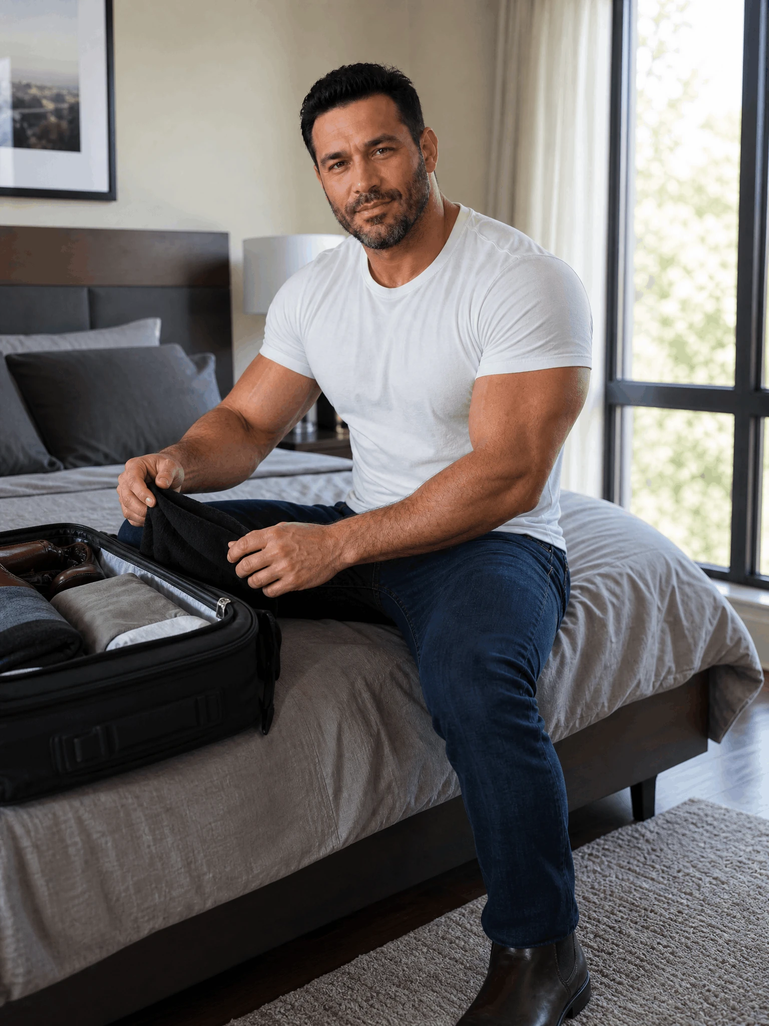 Beefy Gym Hunk Bedroom Muscle Hunk 09 — Beefy Gym Hunk Bedroom photo profile with muscle hunk, masculine physique, fitness model and bodybuilder visual keywords.