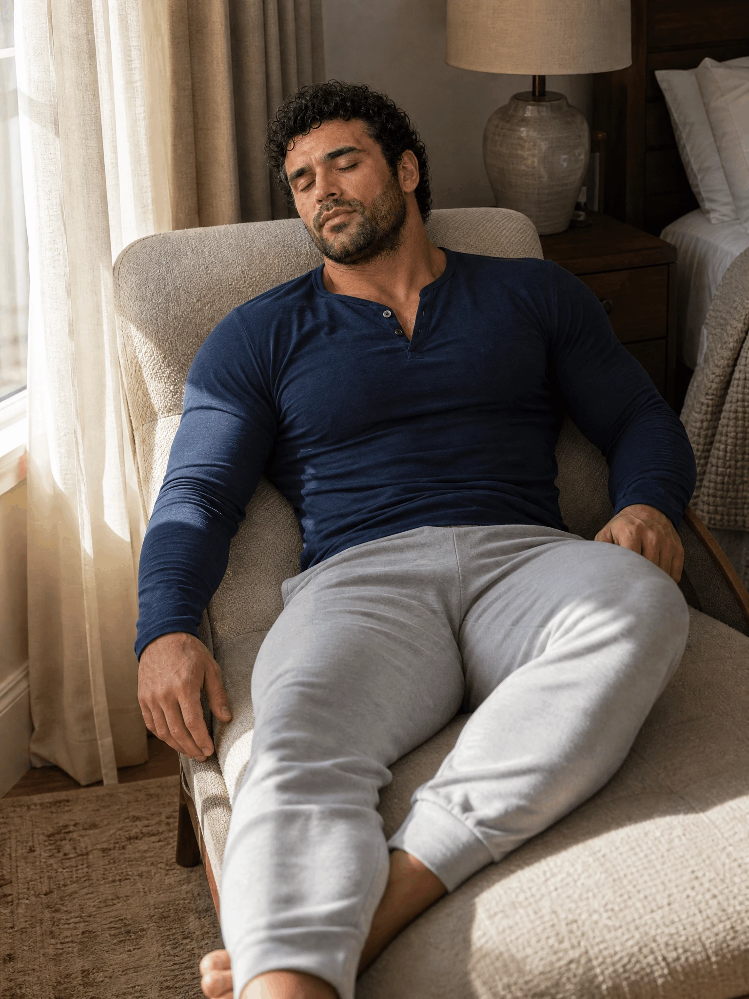 Beefy Muscle Man Bedroom Muscle Hunk 13 — Beefy Muscle Man Bedroom photo profile with muscle hunk, masculine physique, fitness model and bodybuilder visual keywords.