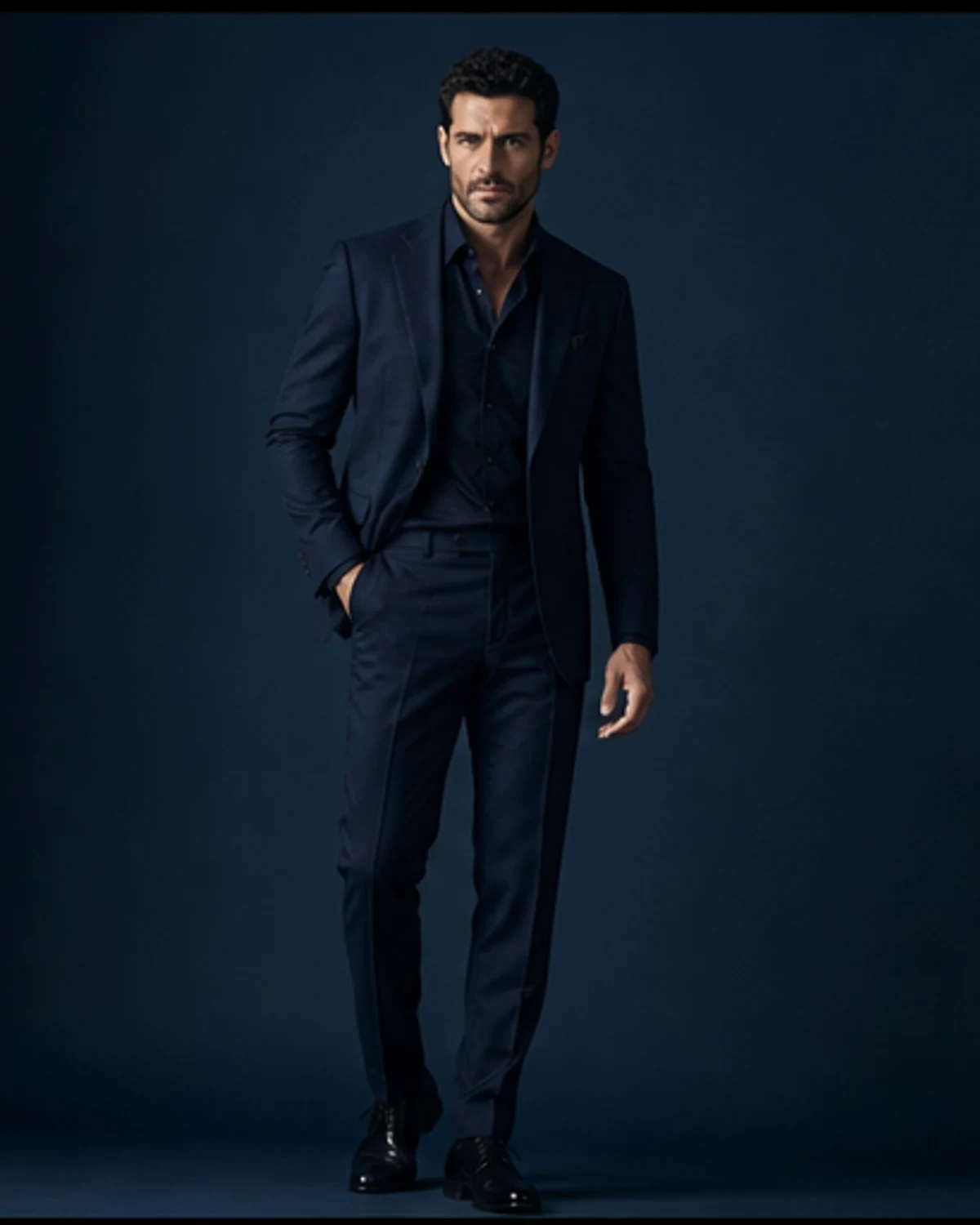 Midnight Blue Muscular Hunks: full-length opening portrait