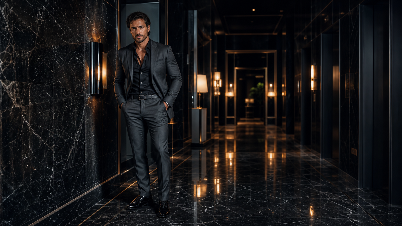 A fictional adult in charcoal tailoring in a black-marble hotel corridor